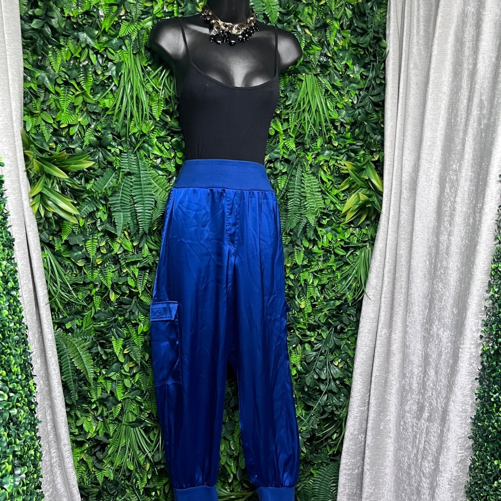 Vince Camuto Pants Medium Women Blue Satin Cargo Jogger Utility 3654 - Picture 3 of 8